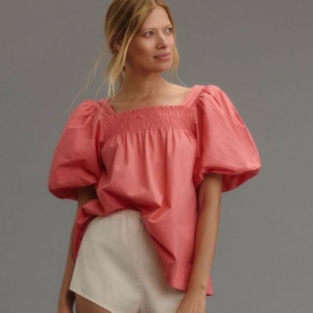 Anthropologie Coral Puff-Sleeve Square-Neck Blouse